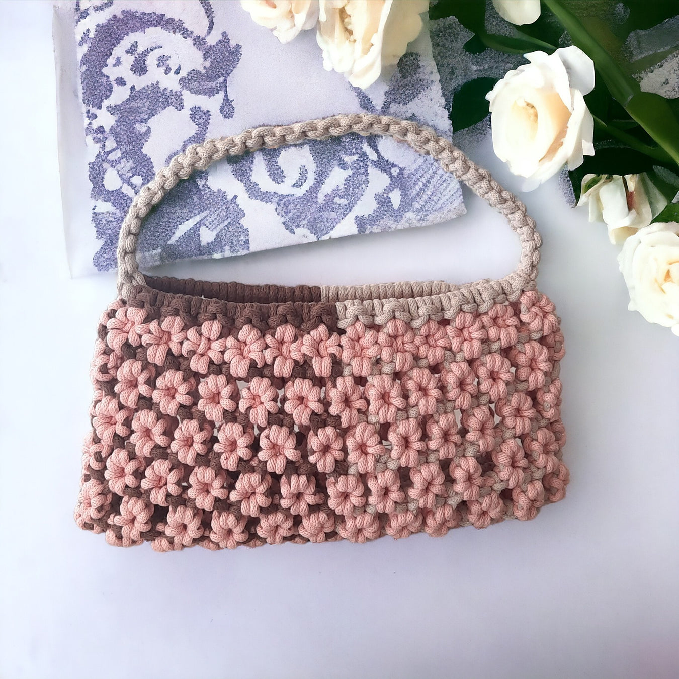 Macrame DIY Coquette style handbag beige, brown, salmon pink from decodeb
