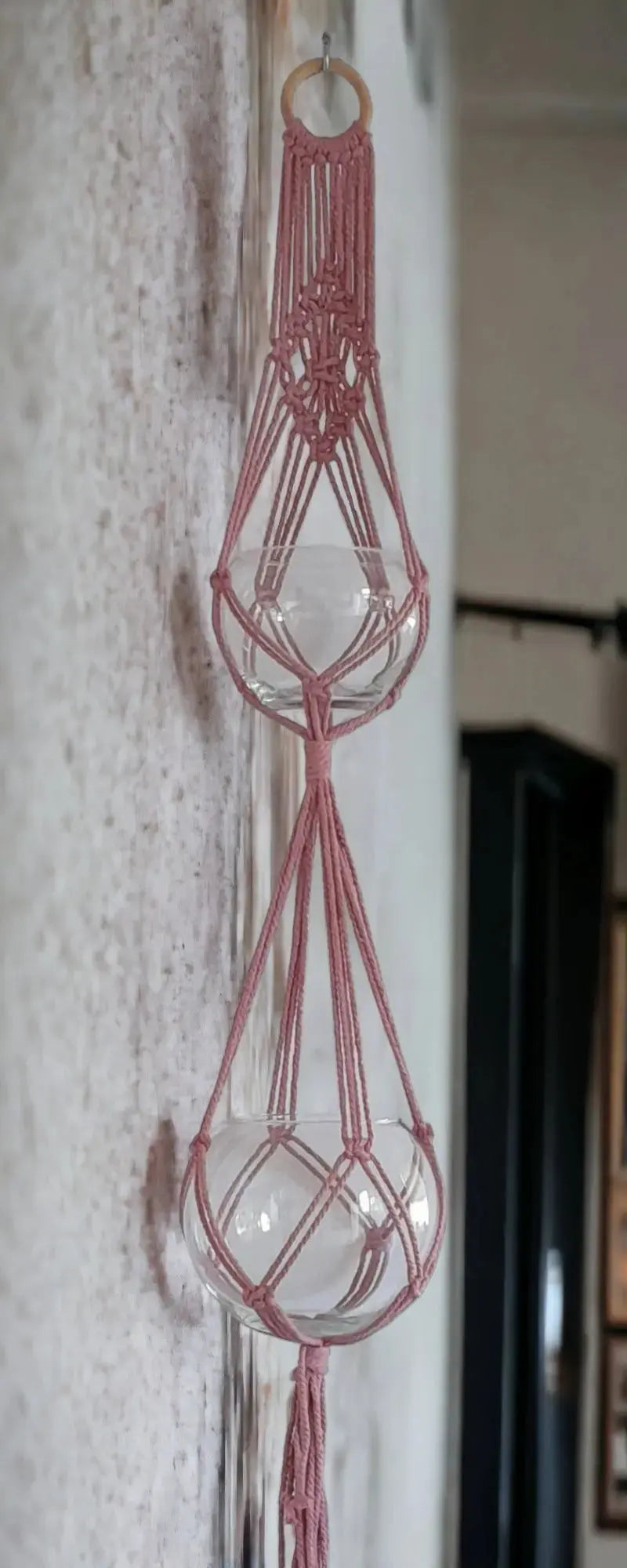 Macrame plantenhanger voor 2 potten, 125cm oud roze